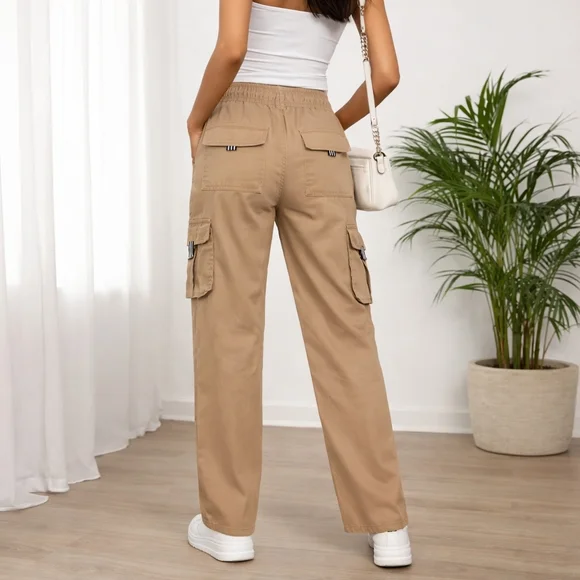 Tan Straight Leg Cargo Pants Elastic Waist Utility Pockets Casual Streetwear 31 - Picture 2 of 13